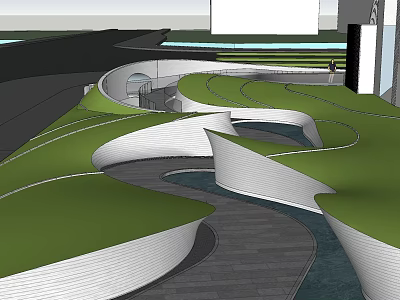 Modern Garden Landscape Design With Curved Pathways Green Lawns And Water Features 3d model
