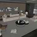 Modern Living Room Beige Sofa And Round Coffee Table Set With Rug Bookshelf And Plant