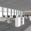 Modern Public Office Space With Large Windows City View Workstations Computers And Office Chairs 3d model