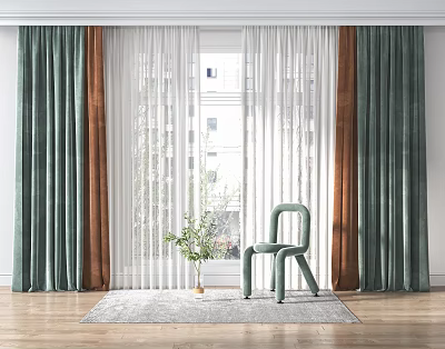 Modern Green And Brown Curtains With White Sheer In Interior With Chair And Plant 3d model