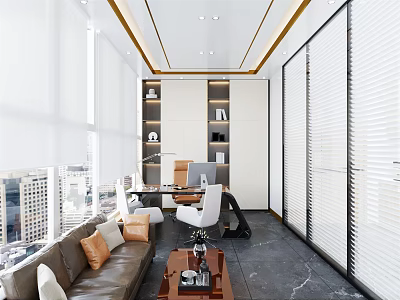 Modern Office Interior Design With City View Sofa Desk Bookshelf And Marble Floor 3d model