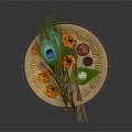 Decorative Ornament Set With Golden Plate Peacock Feather Orange Flowers And Incense Sticks