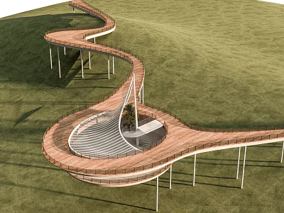 Scenic Winding Wooden Pathway With Supporting Pillars And Circular Rest Area On Green Hillside 3d model