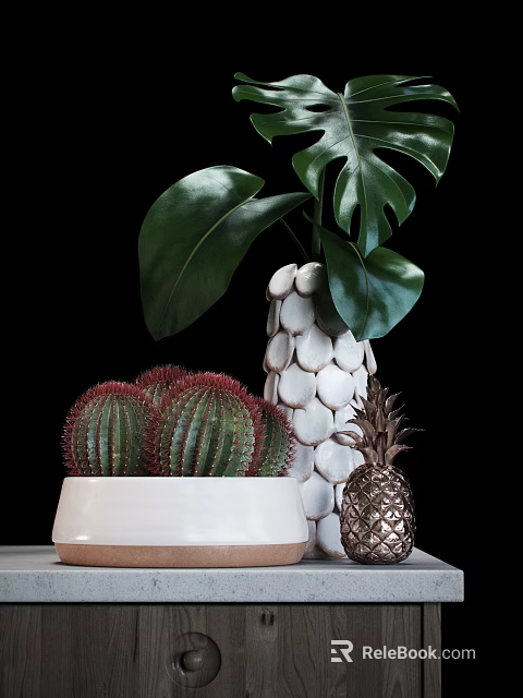 Decorative White Scaled Vase With Monstera Leaves Cactus And Pineapple Decor 3d model 