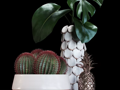 Decorative White Scaled Vase With Monstera Leaves Cactus And Pineapple Decor 3d model