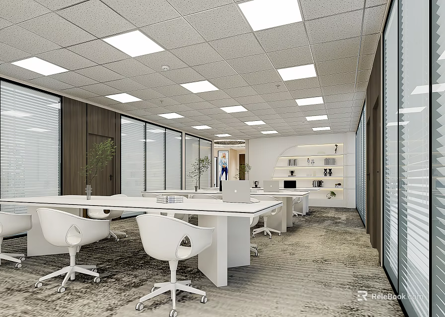 Modern Public Office Space With White Desks Chairs Large Windows Blinds And Ceiling Lights 3d model 