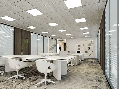 Modern Public Office Space With White Desks Chairs Large Windows Blinds And Ceiling Lights 3d model