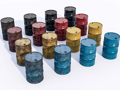Industrial Equipment Featuring Various Colored Oil Drums for Storage Applications 3d model