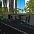 Luxury Modern Entrance With Water Pool Waterfall Green Plants Tall Buildings And Lighting