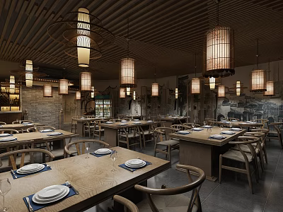 Traditional Restaurant Interior Featuring Wooden Tables Chairs Lantern Pendant Lights And Neatly Arranged Tableware 3d model