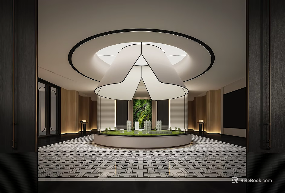 Modern Sales Office Interior With Circular Ceiling Light Central Display Model And Geometric Floor Tiles 3d model 