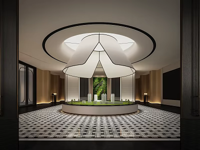 Modern Sales Office Interior With Circular Ceiling Light Central Display Model And Geometric Floor Tiles 3d model