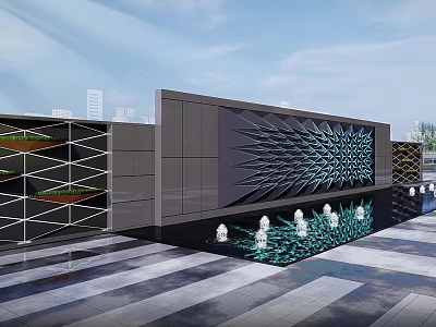 Modern Feature Wall With Geometric Patterns Water Pool Fountains And Striped Pavement 3d model