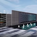 Modern Feature Wall With Geometric Patterns Water Pool Fountains And Striped Pavement