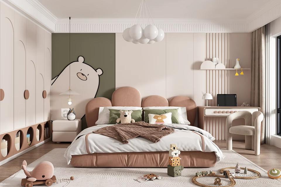 Modern Kids Bedroom With Pink Headboard Green Accent Wall And Cartoon Bear Design 3d model 