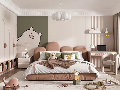 Modern Kids Bedroom With Pink Headboard Green Accent Wall And Cartoon Bear Design 3d model