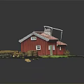 Cartoon Scene Red Cottage With Red Tile Roof Door Windows Green Grass And Black Background