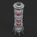 Tall Industrial Tower With Red And White Sections And Metal Support Framework