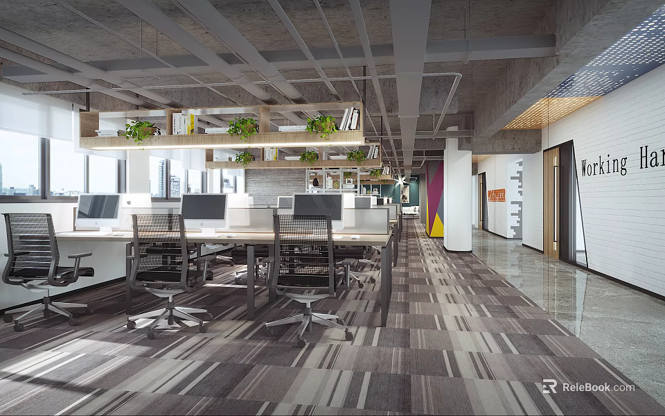 Modern Public Office Space With Open Workstations Computers Green Plants And Carpet 3d model