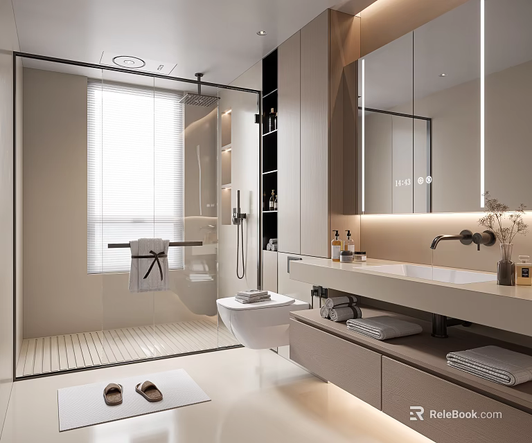 Modern Bathroom Interior Design With Glass Shower Enclosure Wall Mounted Toilet And Vanity Mirror 3d model 