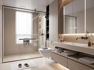 Modern Bathroom Interior Design With Glass Shower Enclosure Wall Mounted Toilet And Vanity Mirror 3d model