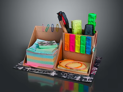 Practical Office Supplies Organizer With Colorful Sticky Notes Paper Clips Scissors Tape And Notebook Pads 3d model