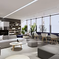Modern Leisure Area Interior With Cozy Gray Sofa Coffee Tables And Wooden Bookshelves