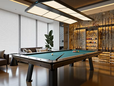Modern Billiard Room Interior With Pool Table Sofa Green Plant And Wine Rack 3d model
