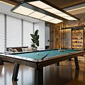 Modern Billiard Room Interior With Pool Table Sofa Green Plant And Wine Rack