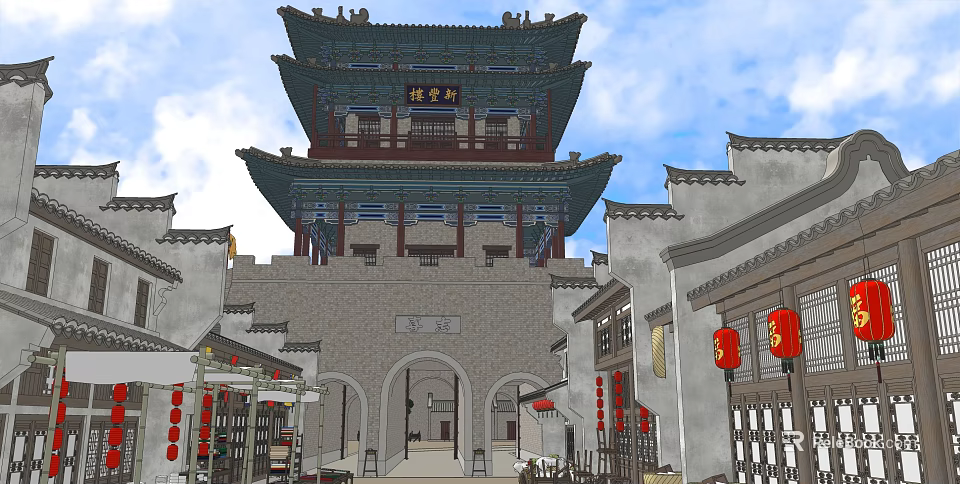 Ancient Chinese Architectural Gate Tower With Traditional Style Red Lanterns And Archways 3d model 