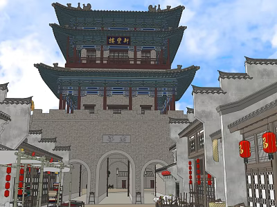Ancient Chinese Architectural Gate Tower With Traditional Style Red Lanterns And Archways 3d model