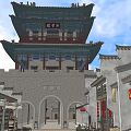 Ancient Chinese Architectural Gate Tower With Traditional Style Red Lanterns And Archways