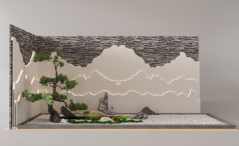 New Chinese style landscape sketch interior landscape landscaping wall rockery shape welcome pine pebbles 3d model