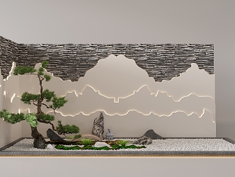 New Chinese style landscape sketch interior landscape landscaping wall rockery shape welcome pine pebbles 3d model