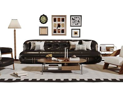 Modern Leather Sofa with Pillows and Coffee Table Set Floor Lamp and Decorative Paintings 3d model
