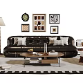 Modern Leather Sofa with Pillows and Coffee Table Set Floor Lamp and Decorative Paintings