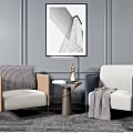 Casual Sofa Set with Two Chairs Checkered Cushions Small Table Gray Wall and Geometric Art 3d model