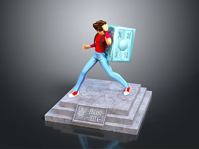 Game Movie Character In Red Top Blue Pants With Blue Shield On Dragon Sword Pedestal 3d model