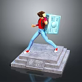 Game Movie Character In Red Top Blue Pants With Blue Shield On Dragon Sword Pedestal
