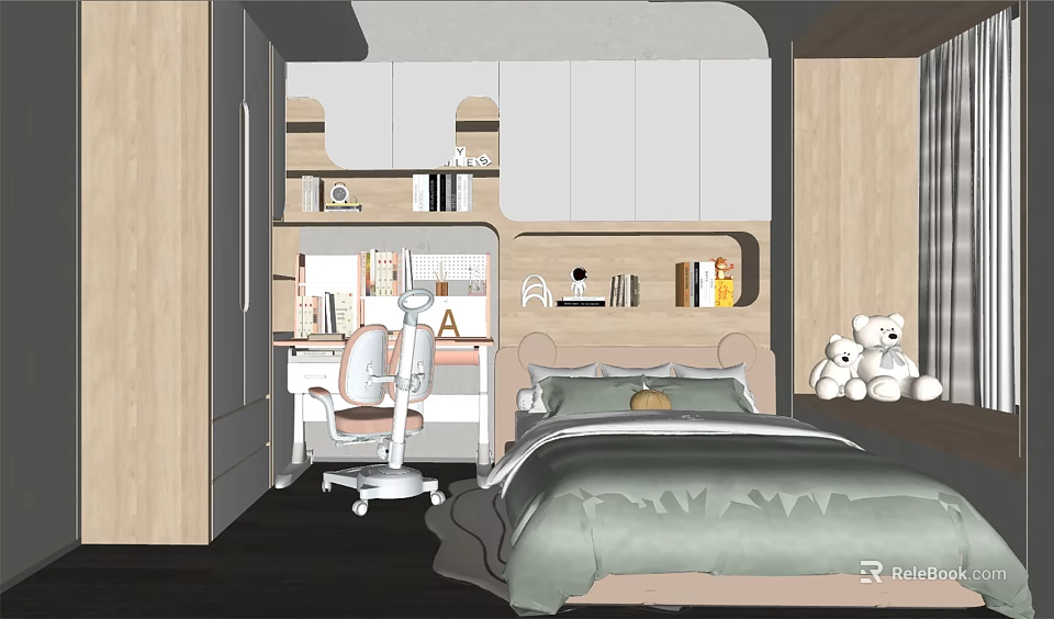 Cozy Kids Room Interior Design With Bed Study Desk Chair Bookshelves And Teddy Bears 3d model 