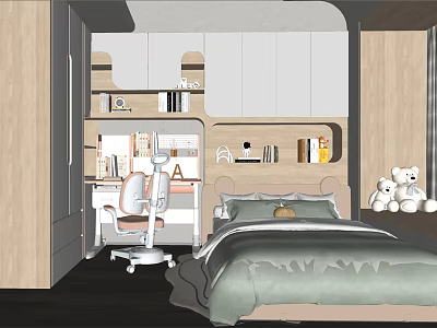 Cozy Kids Room Interior Design With Bed Study Desk Chair Bookshelves And Teddy Bears 3d model