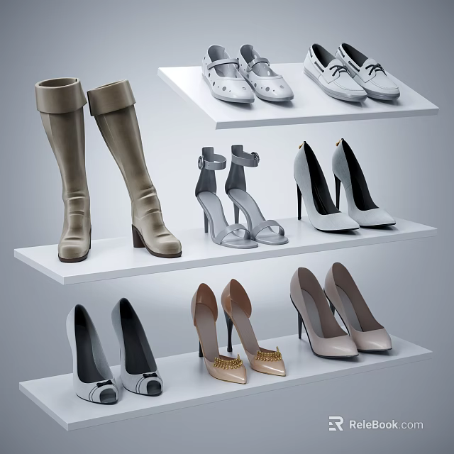 Women's Shoes Display with Various Styles Including Boots Heels and Sandals on Shelves 3d model 