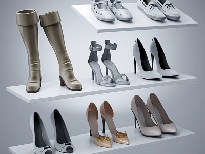 Women's Shoes Display with Various Styles Including Boots Heels and Sandals on Shelves 3d model