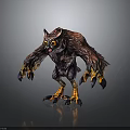 3D Fantasy Owl Creature With Purple Orange Feathers Large Sharp Claws And Big Orange Eyes