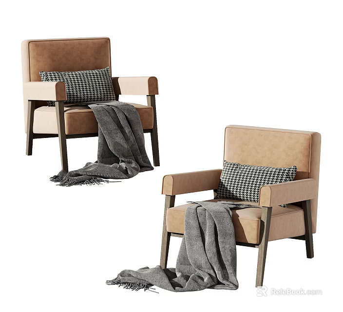 Modern Beige Armchair with Black and White Checkered Pillow Gray Blanket and Dark Wooden Legs 3d model 