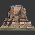 Ancient Architectural Structure with Multiple Tiered Stone Steps and Blue Elements on Green Grass Base