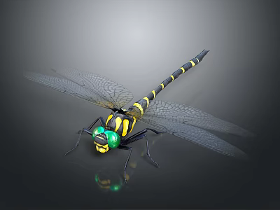 Green Eyed Dragonfly With Yellow And Black Striped Body And Transparent Wings On Dark Background 3d model
