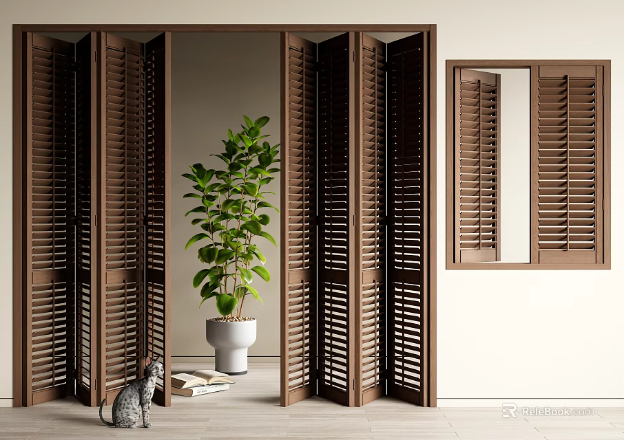 Brown Folding Doors In Modern Room With Plant And Cat 3d model 