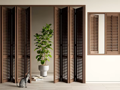Brown Folding Doors In Modern Room With Plant And Cat 3d model