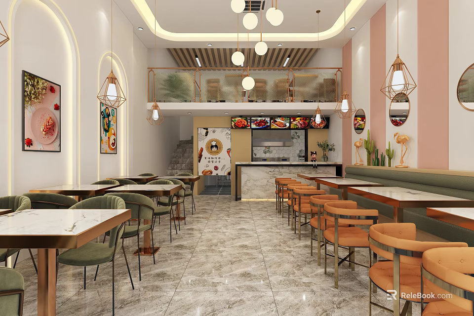 Bright Modern Restaurant Interior With Tables Chairs Hanging Lights Decorative Paintings And Counter 3d model 